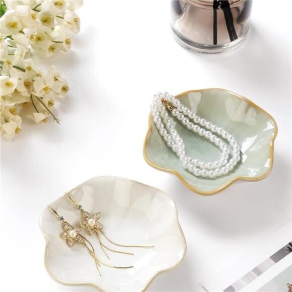 2PCS Lotus Leaf Shape Ring Holder Dish, Small Key Bowl, Ceramic Trinket Tray - Picture 2 of 8